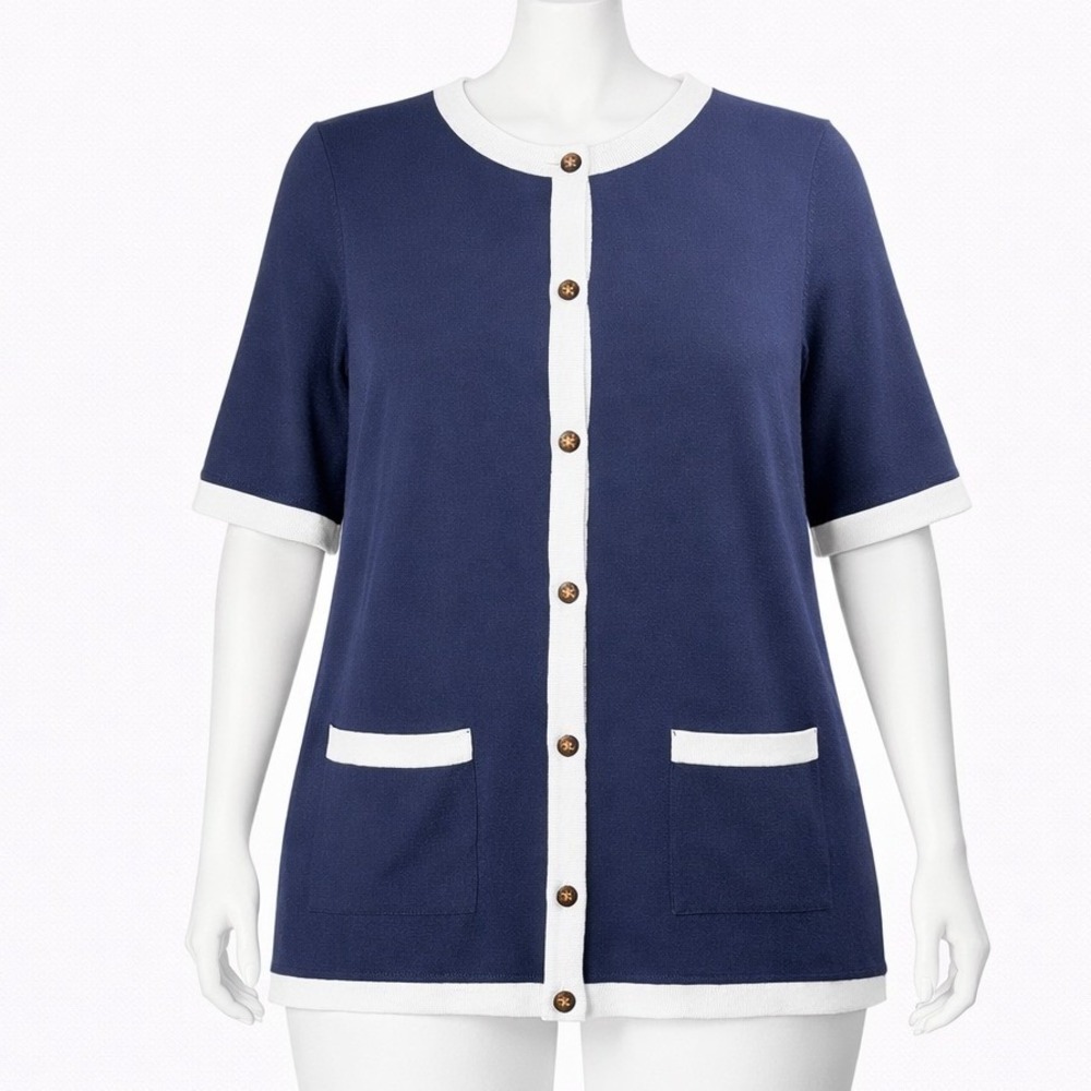 Gretchen Scott Cardigan Women XS Navy Short Sleeve Merino Wool Contrast Trim